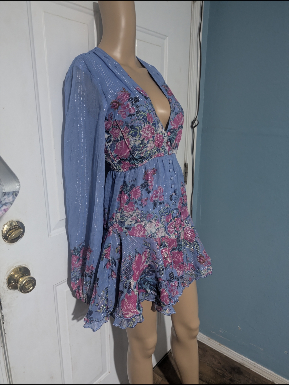 HEMANT & NANDITA Blue Mini Dress with Pink Floral Embroidery - Picture 3 of 5